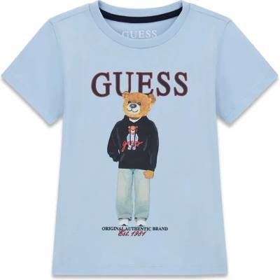 GUESS Тениска в светлосин цвят за мини момче с цветно мече и тъмносин надпис Guess
