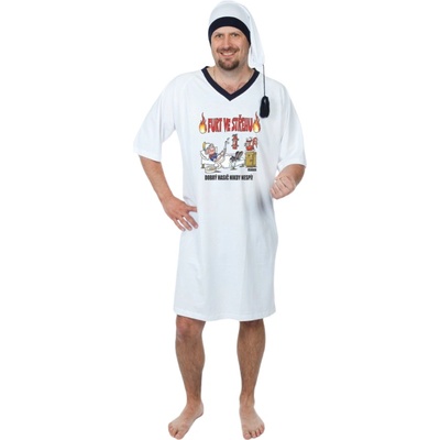 Dobrý hasič nikdy nespí pánská noční košile kr.rukáv s čepičkou bílá