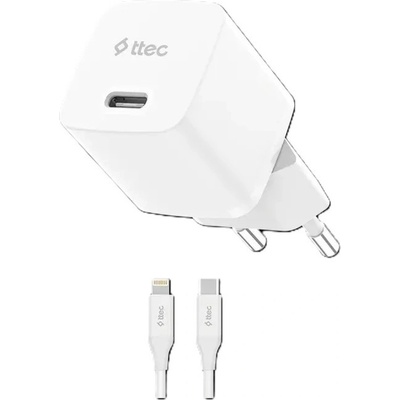 Ttec Зарядно 220V ttec SmartCharger GAN 20W PD Travel Fast Charger + USB-C - Lightning Cable 150cm - Бяло