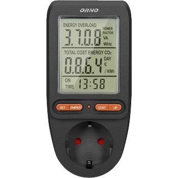 ORNO OR-WAT-435/B(GS) - Ватметър с LCD дисплей, 230V / 50Hz, 16A до 3680W, версия шуко (OR-WAT-435/B(GS))