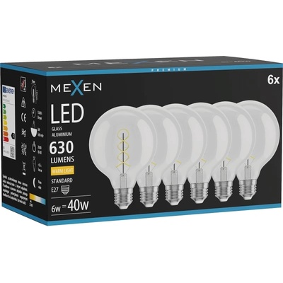 Mexen Vintis 6x LED крушка с нажежаема спирала E27, G95, 6W, Топла - 2700K, 630 lm, (L167-E27-0627-00x06)