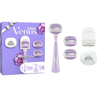 Gillette Venus Comfort Glide Breeze dámsky holiaci strojček 1 ks + Gillette Venus Comfort glide Breeze náhradné žiletky 3 ks + držiak do sprchy 1 ks + ochranný kryt 1 ks kozmetická sada