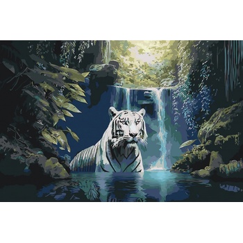 Vymalujsisam.sk Maľovanie podľa čísiel - Biely tiger pri vodopáde Veľkosť: 40x60cm, Rám: Bez rámu, iba zrolované plátno