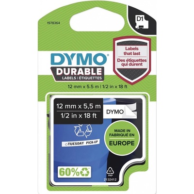 Dymo páska D1 permanentní vinylová, 12 mm x 5,5 m, černá na bílé, 1978364