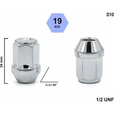 Kolová matice 1/2 UNF, kužel zavřená, klíč 19mm, D10, výška 34 mm