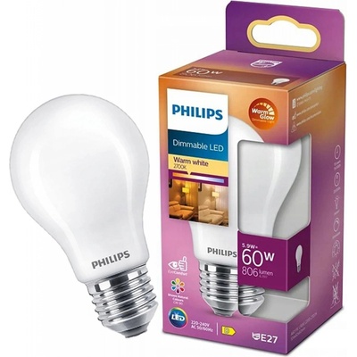 Philips LED žiarovka E27 A60 5,9W = 60W 806lm 2700 Warm Filament Milk Stmievateľná