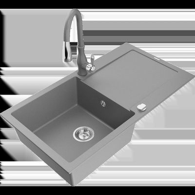 Leo гранитна кухненска мивка с 1 отделение и отцедник, с кухненски смесител Savita, сив - 6501-71-672601-71 (6501-71-672601-71)