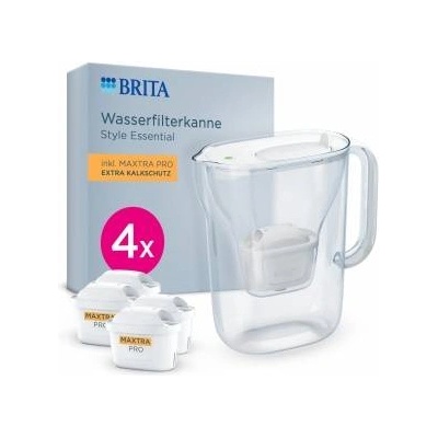 BRITA water filter jug Style Essential white (2.4l) incl. 4x BRITA MAXTRA PRO extra limescale protection - refrigerator-suitable filter jug with Smart Light LED & folding lid, filters impurities & more - 142384