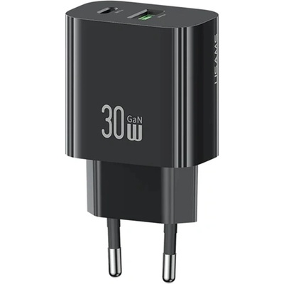 USAMS T65 AC зарядно устройство USB+Type-C гнездо 30W, PD бързо зарядно устройство, ЧЕРНО CC316TC01 (CC316TC01)
