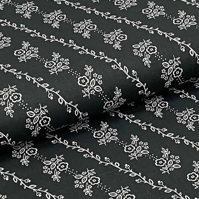 Bavlněné plátno P0453 černé, bílý květinový motiv, š.140
