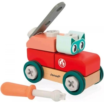 Janod BricoKids Дървен строителен комплект кола с инструменти Котка 28 бр