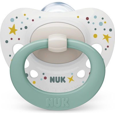 Nuk Силиконова залъгалка NUK - Signature, 0-6 месеца, Бяла със Зелено + кутийка за съхранение и стерилизация (10730618-Бяла със зелена дръжка)