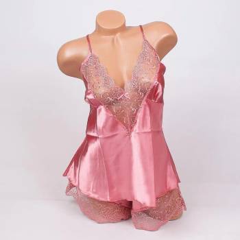 Image 1 of Сатенена макси пижама в пастелно-розово с ефектна дантела