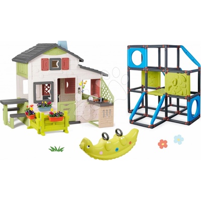 Smoby Set domček Priateľov s predzáhradkou a preliezačka Frame Kraxxl Friends House Life s lezeckými stenami a kuchynka s hojdačkou