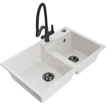 Mexen Tomas кухненска мивка от гранит с две корита и кухненски смесител Duo, бял - 6516-20-671701-70-B (6516-20-671701-70-B)