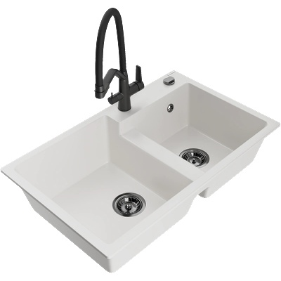 Mexen Tomas кухненска мивка от гранит с две корита и кухненски смесител Duo, бял - 6516-20-671701-70-B (6516-20-671701-70-B)