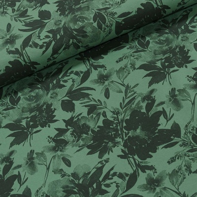 Bavlněný úplet TEPLÁKOVINA 6900/08b, květy na khaki, š.180cm (látka v metráži)