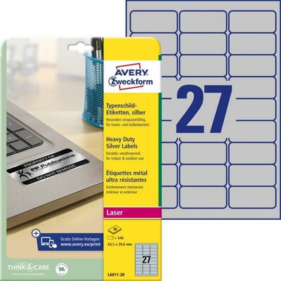 Etikety polyesterové 63,5x29,6mm Avery A4 strieborné 20 hárkov