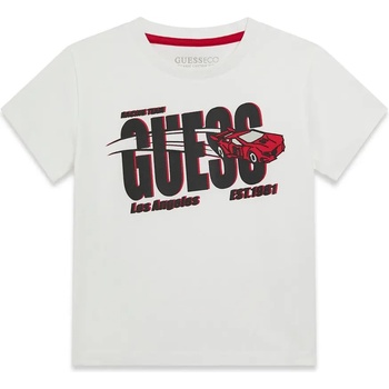 GUESS Бяла тениска за мини момче с черен надпис и кола Guess