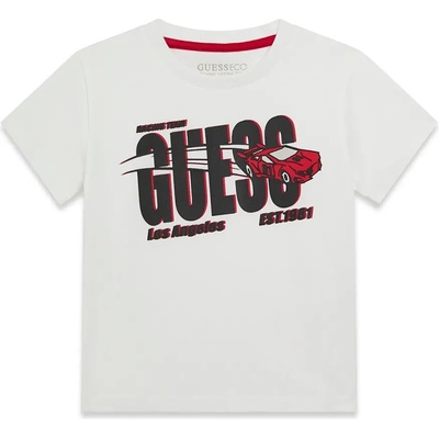 GUESS Бяла тениска за мини момче с черен надпис и кола Guess