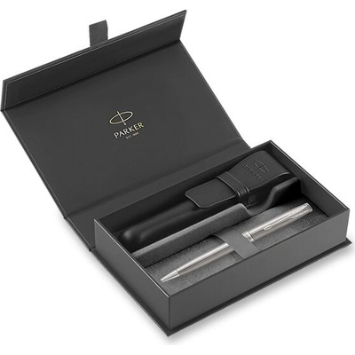 Parker 1502/5291515 Sonnet Stainless Steel CT guľôčkové pero darčeková súprava s koženým puzdrom