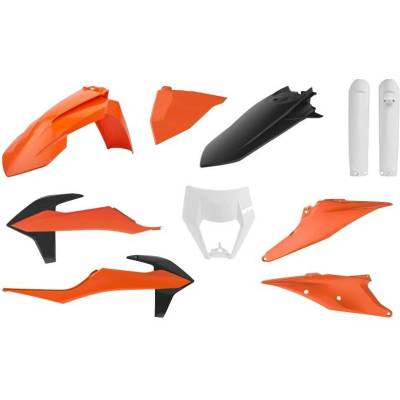 POLISPORT kompletní sada plastů (FULL KIT) KTM EXC/EXC-F TPI 20-23 v sadě kryt světla (8668600002) a kryty tlumičů (8398600003) barva OEM oranžová černá