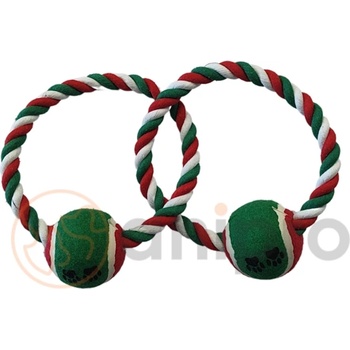 Anipro Play - Въжена играчка за кучета във форма на двоен кръг с две топки, бяло/зелено/червено 33 см, 250-260 гр