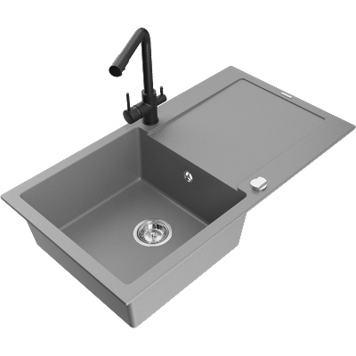 Mexen Leo гранитна мивка с 1 корито и отцедник, с кухненски смесител Duero, сив - 6501-71-671600-70 (6501-71-671600-70)