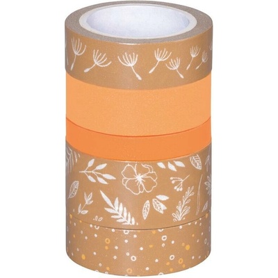 Samolepicí dekorační washi páska papírová mix velikostí 5 ks - natur, lístky, oranžová