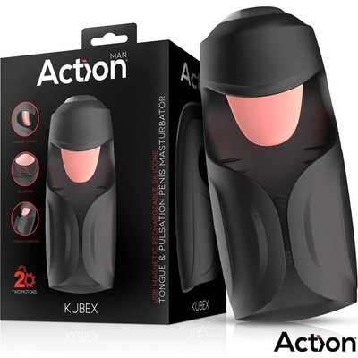 Action Kubex Masturbator with Licking Tongue, Pulsation & Vibration Black