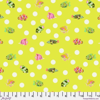 Bavlněná látka rybičky žlutá | Tula Pink – Floral Reef – School Crossing Seagrass
