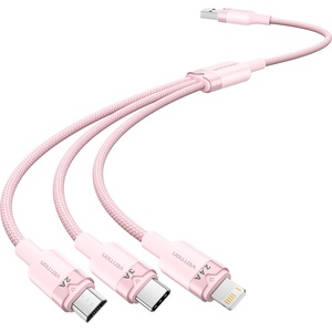 Vention USB-A 2.0/M - USB-C/Lightning/Micro USB-B, 1.5m, (pink, 3A, 3in1), кабел
