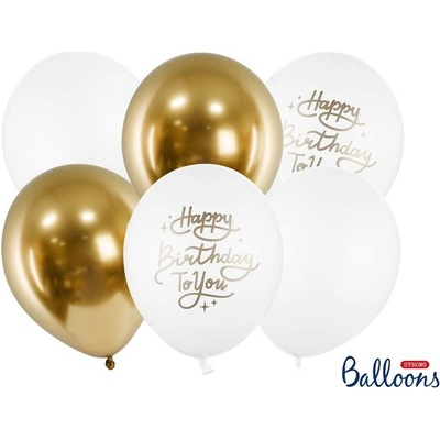 PartyDeco Latexové balóniky biele a zlaté Happy birthday to you