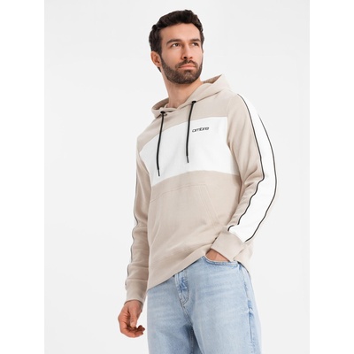 Ombre Clothing Мъжки памучен суитшърт с качулка с контрастни елементи - бежов Ombre Clothing | Byal | МЪЖЕ | M