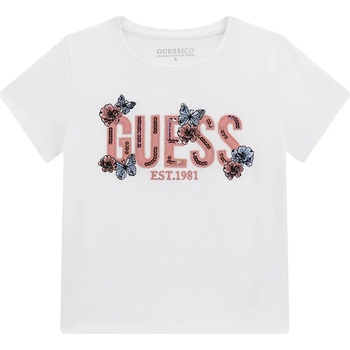 GUESS Бяла тениска с розов надпис с пайети и пеперуди Guess за момиче