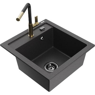 Mexen Vito еднокоморна гранитна мивка с кухненски смесител Flora, черен напукан - 6503-76-670401-57-B (6503-76-670401-57-B)