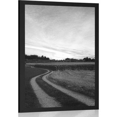 Plakát zapadající slunce nad krajinou v černobílém provedení - 40x60 no frame