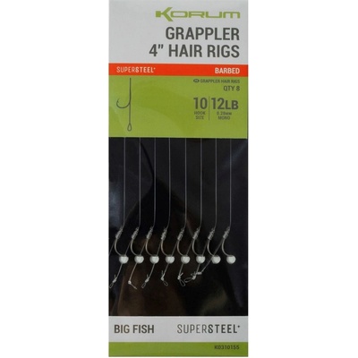 Korum Hotové Návazce Grappler Hair Rigs Barbed 10 cm Veľkosť 10 0,28 mm 12 lb 8 ks