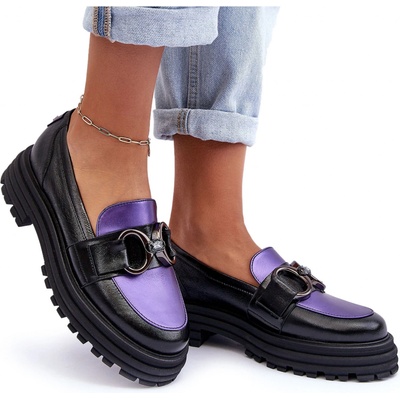 Butosklep Loafersy Kožené na Plochém Podpatku Černá-Fialová Elkiza