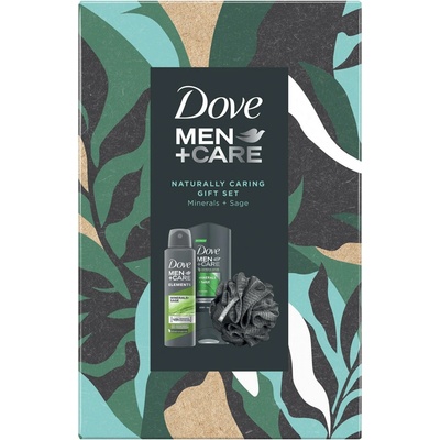Dove Men+ Care Naturally Caring antiperspirant Men Care Elements Minerals Sage 150 ml + sprchový gél Men Care Mineral Sage 250 ml + mycí houba darčeková sada