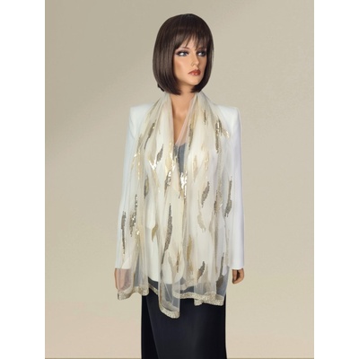 Classic Scarf elegantní slavnostní světlá šála smetanová se zlatými třpytivými flitry