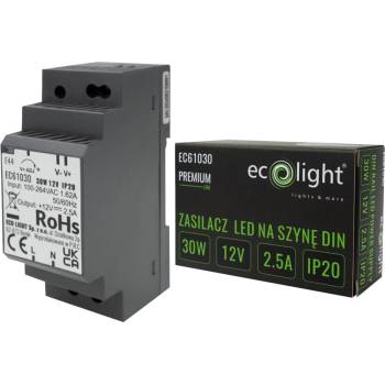Eco Light Napájecí zdroj na DIN lištu 12V 30W 2,5A pro IP20 PREMIUM LED pásek EC61030