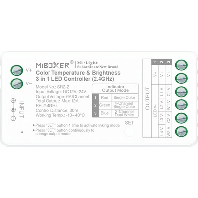 Mi-Light, LED přijímač pro nezávislé řízení až 4 zón LED pásků, 2,4GHz, DC 12-24 V, 12A, SR2-2, Mi-Light