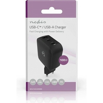 Nedis Зарядно устройство Nedis WGCHA100WBK 100 W, GaN, PD3.0, QC 2, 5 / 3, 0 / 5, 0 A, 3 изхода, USB-A / 2x USB-C, черно (WGCHA100WBK)