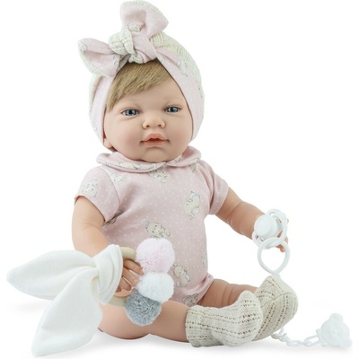 Marina & Pau Míša v růžovém overalu s králíčky Sweet Baby Rabbit 42 cm