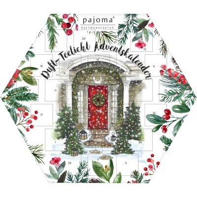Pajoma Adventný kalendár – 24 vonných čajových sviečok a sklenený svietnik