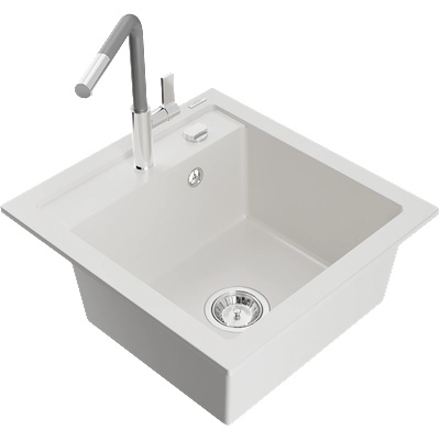 Mexen Vito гранитна мивка с 1 отделение с кухненски смесител Flora, бял - 6503-20-670401-06 (6503-20-670401-06)