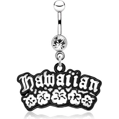 Šperky eshop lesklý ocelový piercing do břicha černobílý nápis Hawaiian květy AC6.11