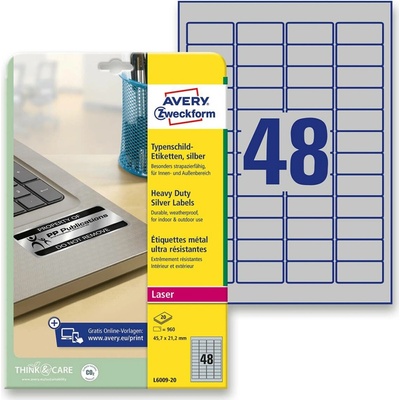 Avery Zweckform L6009-20 stříbrné PET etikety 45,7 x 21,2 mm 960 etiket