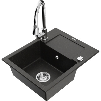 Mexen Enzo гранитна мивка с 1 камера с отцедник и кухненски смесител Elia, черно/златен металик - 6506-75-670101-00 (6506-75-670101-00)
